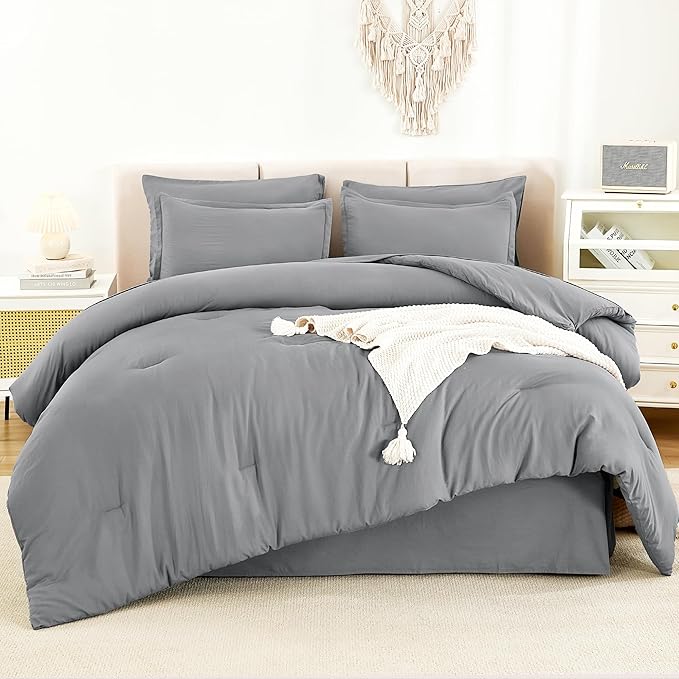 Litanika Queen Comforter Set Medium Gray - 7 Pieces Bed in a Bag Queen Bedding Comforter Sets, Solid Lightweight Bed Set with Comforter, Sheets, Pillowcases & Shams