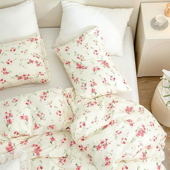 CottonLife King Size Duvet Cover, 100% Brushed Microfiber 3 Pieces King Floral Bedding Sets, Red Floral Chic Garden Style Floral Pattern Printed King Duvet Set with Zipper Closure