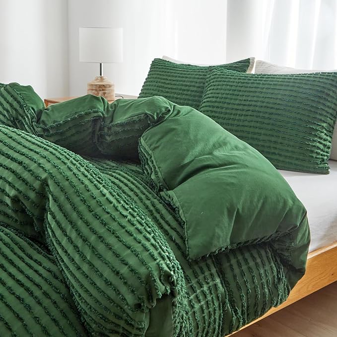 WARMDERN Boho Duvet Cover Set King Size,Forest Green Striped Duvet Cover Microfiber Bedding Set,3PCS Ultra Soft Breathable Lightweight Tuft Texture Duvet Covers with Zipper Closure(Forest Green,King)