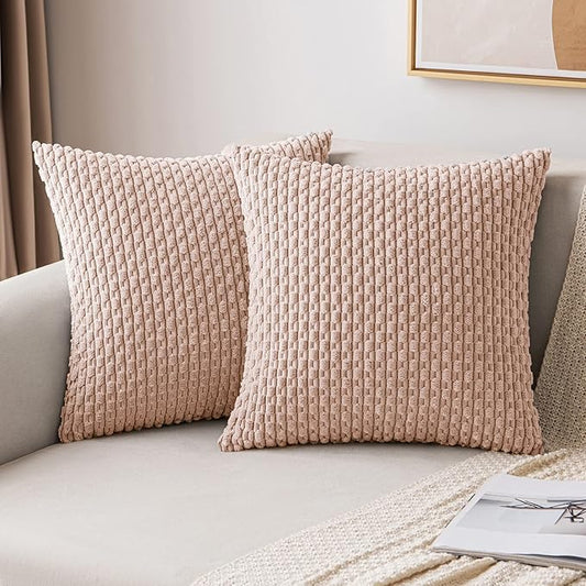 MIULEE Pack of 2 Valentines Day Decorative Throw Pillow Covers 18x18 Inch Soft Boho Striped Textured Corduroy Pillow Covers Modern Farmhouse Home Decor for Couch Bed Sofa Living Room Pink