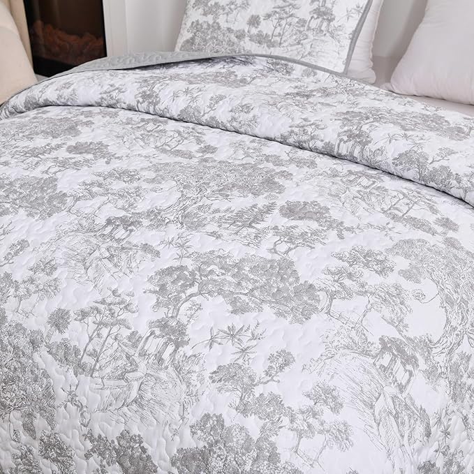 WONGS BEDDING Grey Quilt Set Queen Size, 3 Pieces Botanical Bedspreads Set Lightweight Microfiber Grey Toile Plants Pattern Coverlet Home Decor for All Seasons(96"×90")