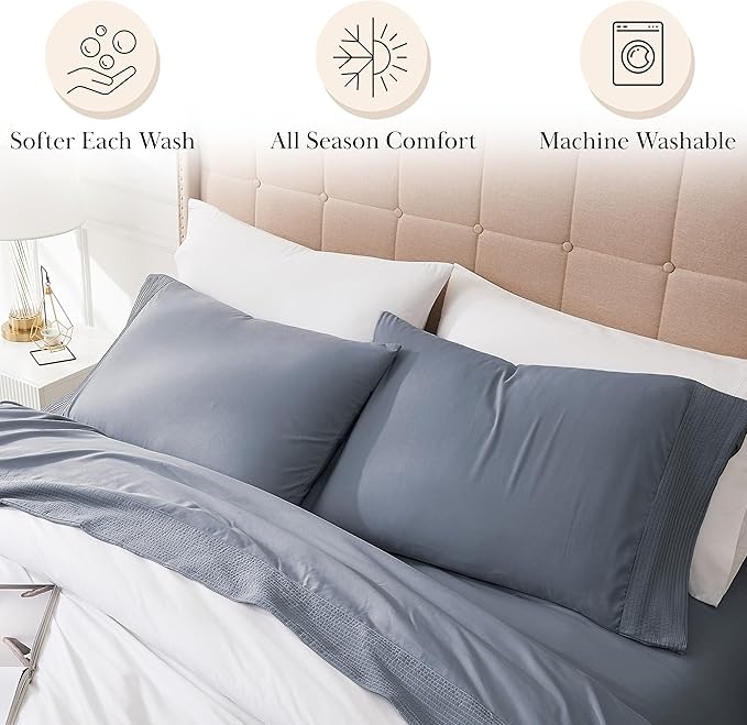 Southshore Fine Living, Inc. Pleated, 4-Piece Full Sheet Set, 21-Inch Extra Deep Pocket Bed Sheets Full Size Set, 1 Fitted Sheet, 1 Oversized Flat, 2 Standard Pillow Cases, Slate Blue Sheets