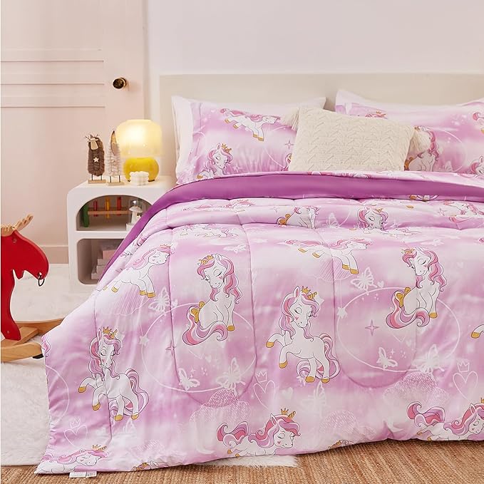 Yibeizi Unicorn Kids Comforter Set for Girls Full Size, Cute Quilted Lavender Printed Bedding Set with Pillow Sham, Lightweight Soft Breathable Machine Washable Bed Set 3 Piece
