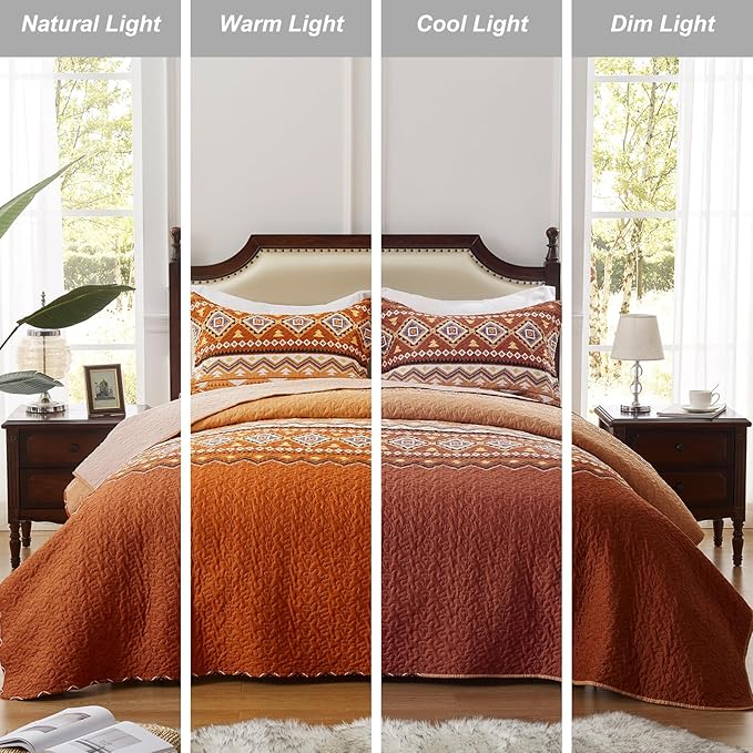 LEAONME 2 Pieces Twin Size Quilt Set Burnt Orange Rust Bohemian Bedspread Coverlet Lightweight Microfiber Bedding Set 68x86 Inch Bed Cover for All Seasons (1 Quilt, 1 Pillow Sham)