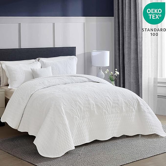 Botanical Oversized Bedspread King Size - Leaves Pattern Stitching Quilt Set - Elegant & Fresh Style Bedding Coverlets, Reversible, Lightweight, 5 Piece, White