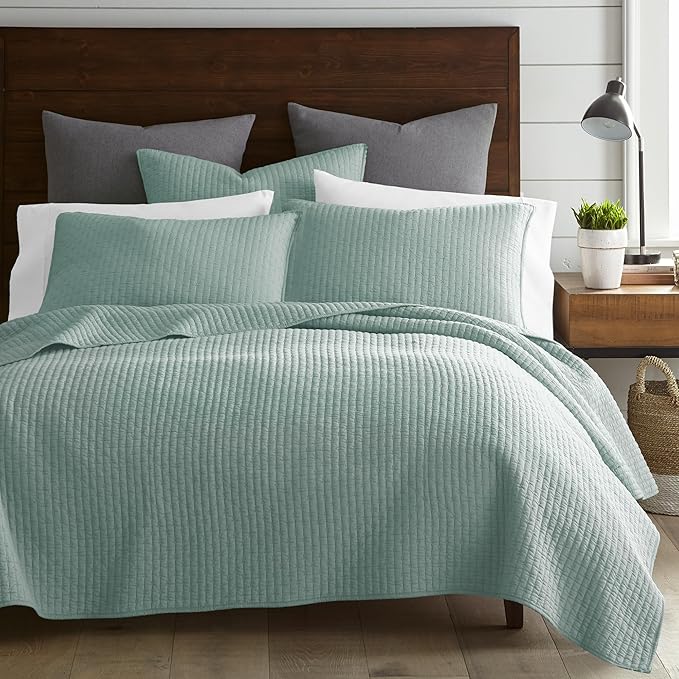 Levtex Home Cross Stitch Reversible Full/Queen Quilt Set (88x92in) with 2 Pillow Shams (26x20in) - Stitch Texture - Blue Haze - Cotton Full/Queen Size Quilt Bedding Set - Lightweight, Soft, Pre-Washed