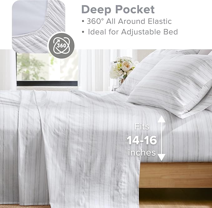 Comfort Spaces 100% Cotton Sheets Full, Breathable, Naturally Cool Cotton Sheets, Soft Cotton Bed Sheets with 14" Elastic Pocket Fits up to 16" Mattress, All Seasons Sheet Set, Good Vibes Grey 4 Piece