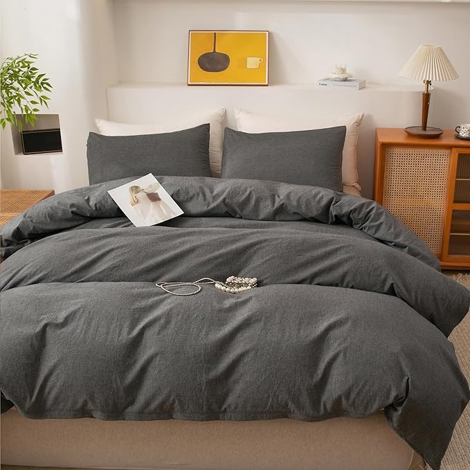 ECOCOTT 100% Washed Cotton Duvet Cover Super King Size – Soft & Breathable Linen Feel Bedding Set, 3 Pieces Grey Comforter Cover with Zipper Closure for All Seasons
