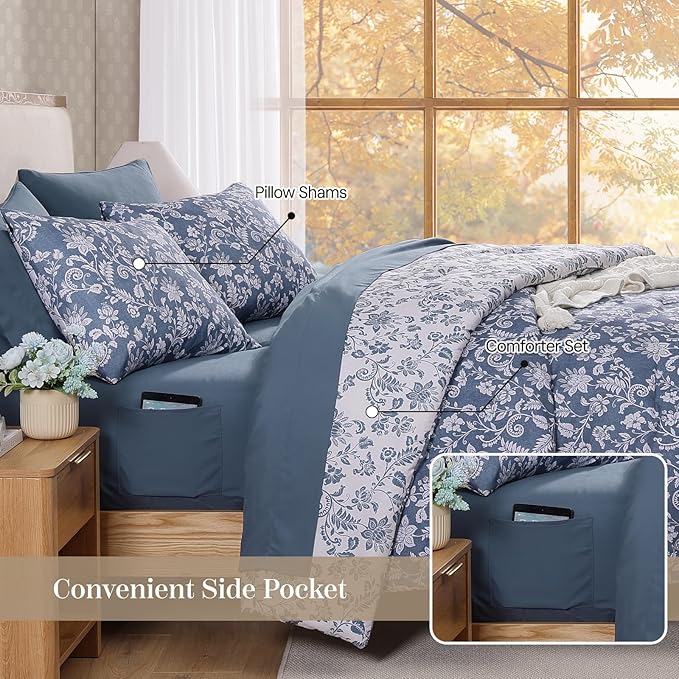 Twin XL Comforter Set -5 Pieces Floral Oxford Blue Bedding Set for All Seasons, Bed in a Bag with Botanical Flowers Comforter, Sheets, Pillowcase & Sham