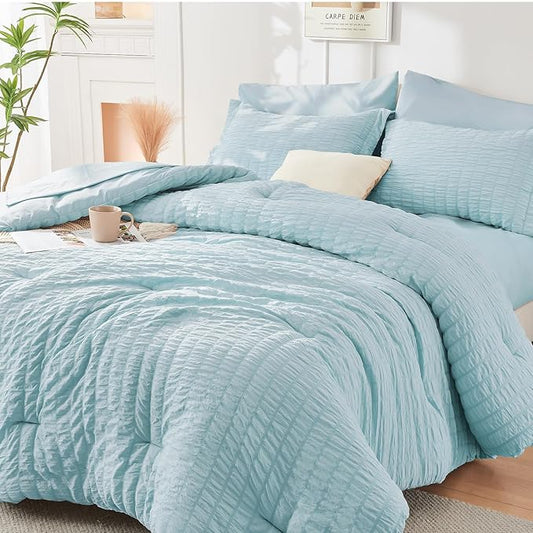 HYMOKEGE Lake Blue Twin Comforter Set Seersucker 5 Pieces, All Season Luxury Bed in a Bag for Bedroom, Bedding Set with Comforters, Sheets, Pillowcase & Shams