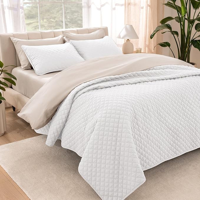 Bare Home Coverlet Set - Full/Queen - Lightweight Bed Decor - Comforter Alternative - All-Season Quilted Bedspread (Full/Queen, White)