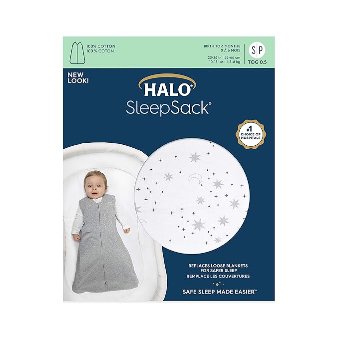 HALO SleepSack, 100% Cotton Wearable Blanket, Swaddle Transition Sleeping Bag, TOG 0.5, Midnight Moons-grey, Large, 12-18 Months