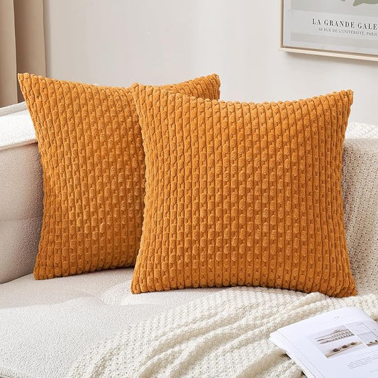 MIULEE Burnt Orange Throw Pillow Covers Soft Corduroy Decorative Set of 2 Boho Striped Pillow Covers Pillowcases Farmhouse Home Decor for Thanksgiving Couch Bed Sofa Living Room 20x20 Inch
