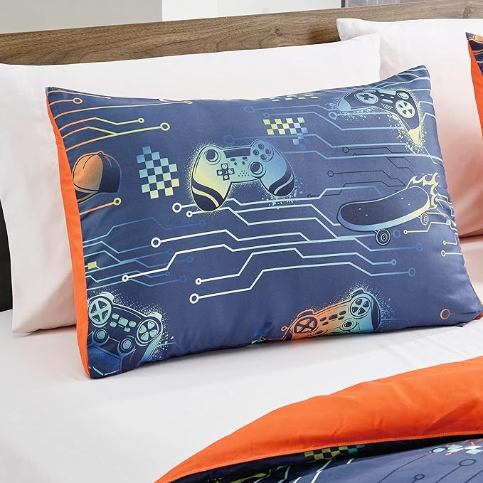 Chezmoi Collection 3-Piece Boys Twin Bedding Sets Sports Soft Microfiber Blue Orange Multi-Color Video Games Controller Skateboard Kids Comforter Set Twin Size