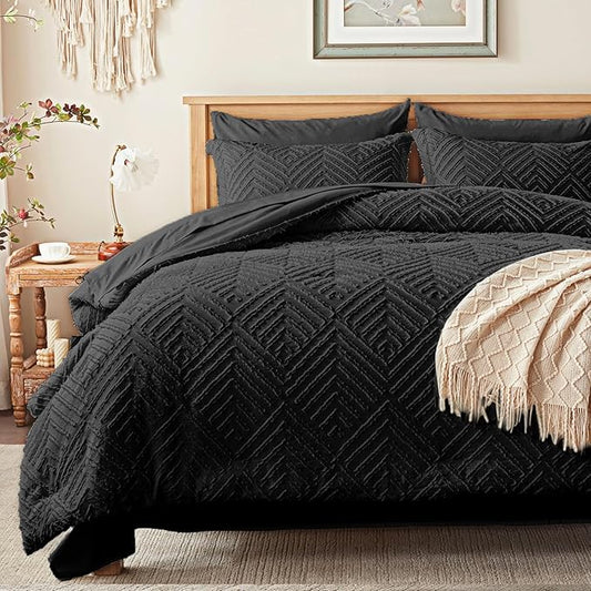 Zzlpp King Comforter Set 7 Pieces, Black Tufted Bed in a Bag with Comforter and Sheets, All Season Boho Bedding Sets with Comforter, 2 Pillow Shams, 2 Pillowcases, 1 Flat Sheet, 1 Fitted Sheet