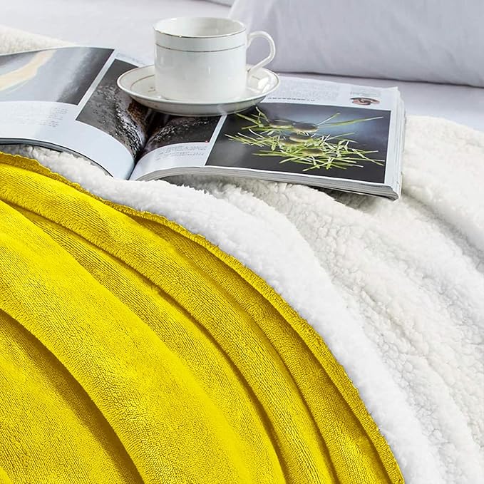 MOONLIGHT20015 Ochre Sherpa Fleece Throw Blanket Twin Size for Bed - Wholesale Bulk Pack of 12 Sherpa Blankets - Soft Fluffy Throw Blankets for Hotels, Guest Bedroom (Yellow, 60x80 Inches)