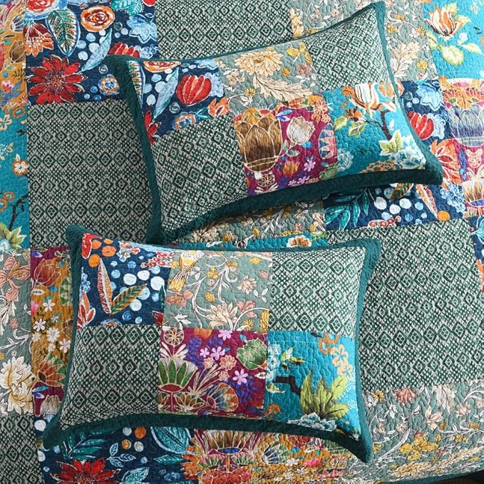 Autumn Dream Cotton Bedspread Quilt Sets Reversible Bedding Coverlet Sets Comforter, Vintage Floral Patchwork Turquoise Bedspread, King Size | Breathable material, Reversible, Soft durable, Handmade patchwork, Machine waschable, Jacquard stitching