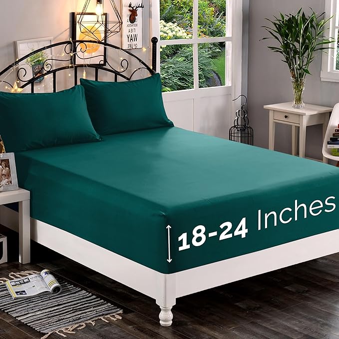 Elegant Comfort 1500 Premium Quality Fitted Sheet Ultra Soft 18-24 Inch Extra Deep Pocket - Single Fitted Sheet for High Mattress - Wrinkle Free with Smart Storage Pockets, Cal King, Marine Teal