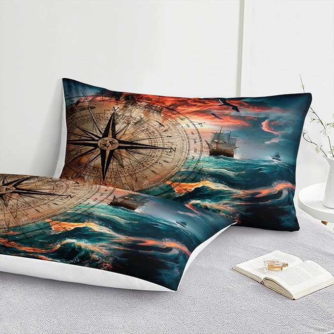 Bedbay Nautical Compass Bedding Comforter Set 4 Pcs Vintage Ocean Bedding for Boys Teen Adults Soft Cozy Lightweight Quilted Comforter for All Seasons 1 Comforter 2 Pillowcases 1 Cushion Cover