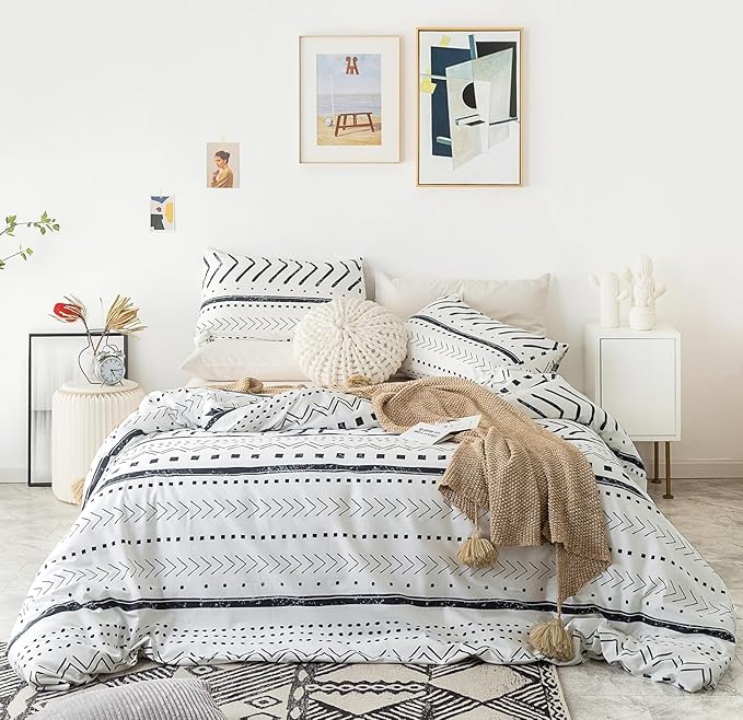 YuHeGuoJi Black White Boho Duvet Cover King 100% Cotton 3 Pcs Set 1 Modern Geometric Aztec Duvet Cover with Zipper Ties 2 Pillowcases Striped Arrow Polka Dots Print Bedding Set Soft