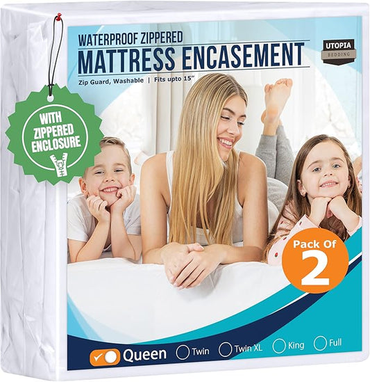 Utopia Bedding Mattress Protector Zippered Queen Size (Pack of 2), 100% Waterproof Bed Bug and Dust Mite Proof Mattress Encasement, Absorbent 6 Sided Mattress Cover