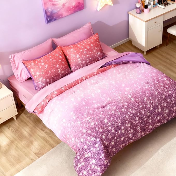 Twin Comforter Set for Girls, Kids - 5 Pieces Purple Galaxy Patterns Twin Bedding Sets for Girls Boys Teen, Soft Cozy Bed in A Bag with Sheets