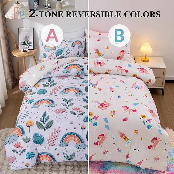 Btargot Lightweight Soft 3 Piece Rainbow Comforter Set with 2 Pillow Covers, Cartoon Leaves Flowers Bedding Set for Girls Boys Kids, Twin Green