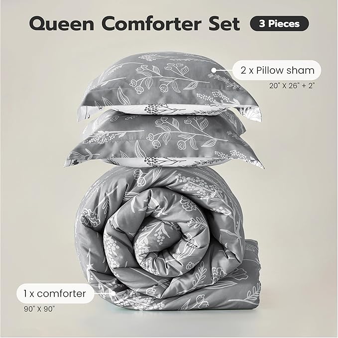 Joiedomi Queen Comforter Set Grey, 3 Pieces Floral Queen Bedding Set with 1 Soft Reversible Botanical Comforter and 2 Pillow Shams, Bed in a Bag for All Seasons