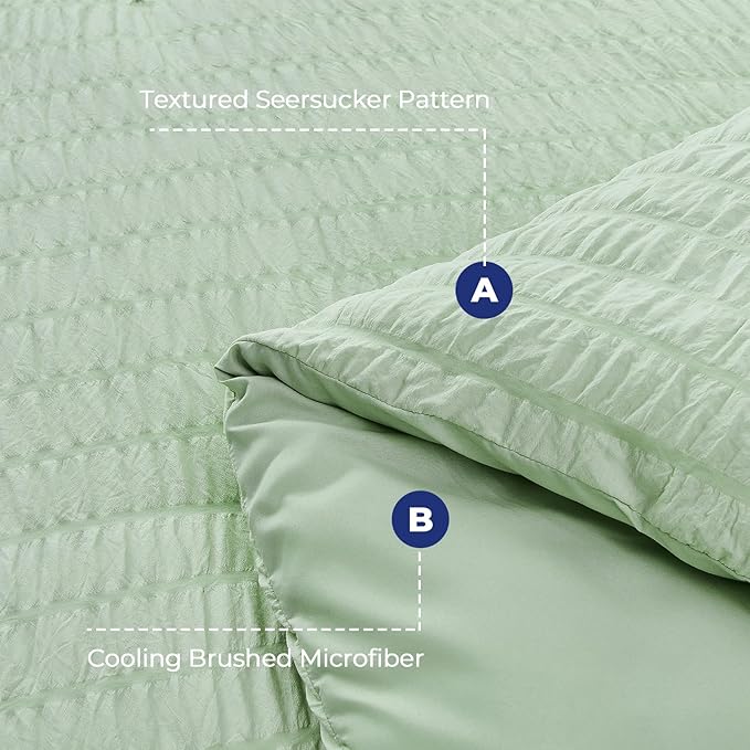 HYMOKEGE Light Green Duvet Cover Queen Size, Ultra Soft 3-Piece Seersucker Duvet Cover Set with Zipper Closure, Soft Brushed Microfiber Bedding Set with 8 Corner Ties (90"x90", 2 Pillowshams)