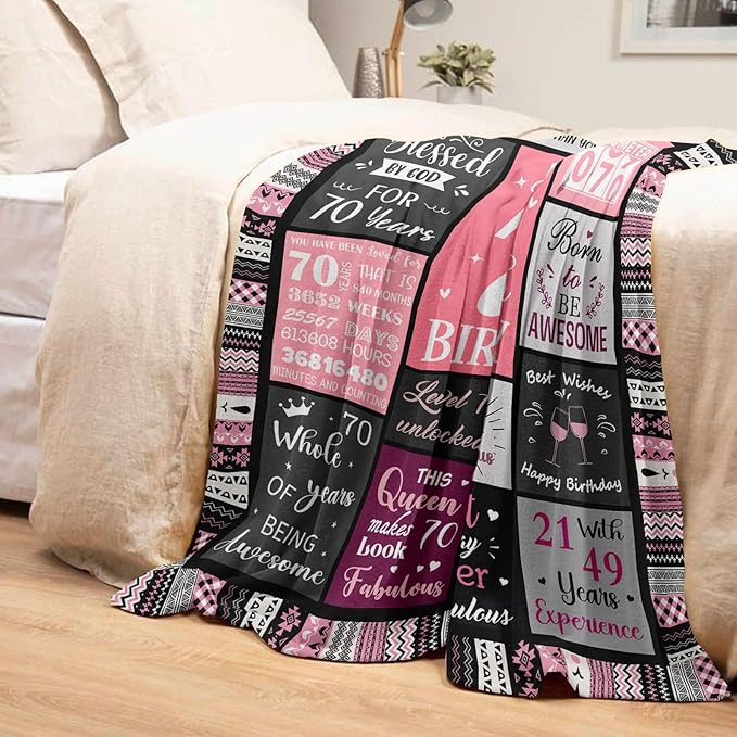 70th Birthday Gifts for Women, Happy 70th Birthday Decorations, 1956 Birthday Gifts for 70 Year Old Woman, Soft Flannel Pink Throw Blanket 60”X50”