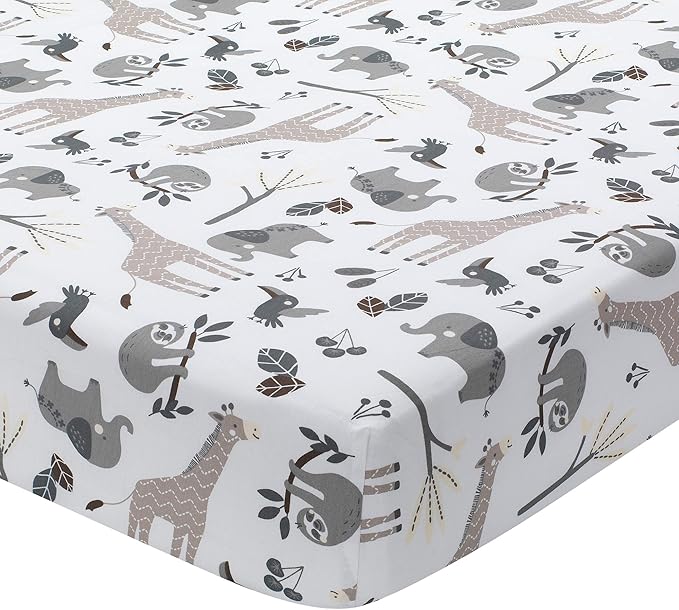 Lambs & Ivy Baby Jungle Animals White/Gray/Taupe Cotton Fitted Crib Sheet