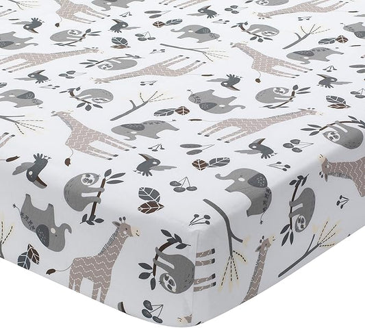 Lambs & Ivy Baby Jungle Animals White/Gray/Taupe Cotton Fitted Crib Sheet