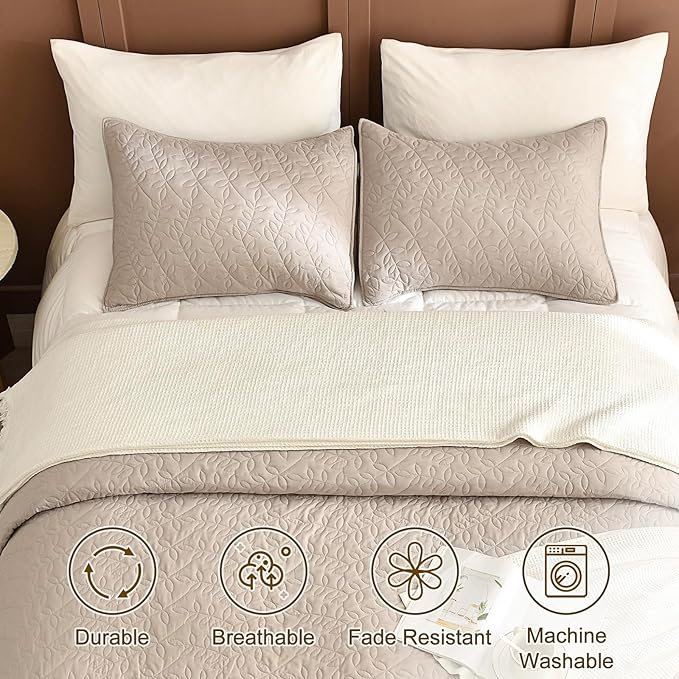 Lady Ann Oversized King Bedspreads 128x120, Extra Large 3 Pieces Leaves Print Summer Oversized Quilts Coverlet for King Bed Linen Feel Ultra Soft Lightweight and Thin Bedspreads & Coverlets Bed Set