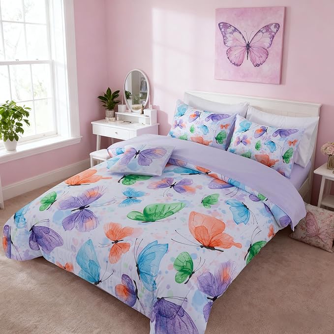 A Nice Night 6pcs Bed in A Bag Watercolor Ink Wash Tie-Dye Butterfly Flying Printed, Butterflies Bedding Comforter Set, Purple Green Queen