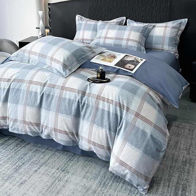 LifeTB Blue White Plaid Duvet Cover Queen Modern Soft Cotton Brushed Comforter Cover Farmhouse Buffalo Grid Duvet Cover with 2 Pillowcases