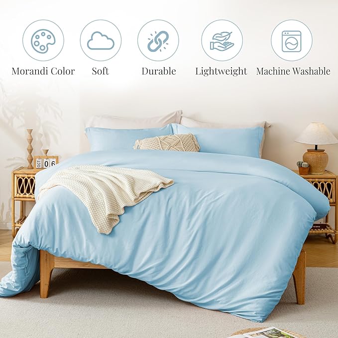 MILDLY Super Soft Duvet Cover - 100% Washed Microfiber Cool Blue Comforter Cover Set 3 Pieces with Zipper Closure & Corner Ties (No Comforter)