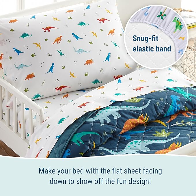 Wildkin 100% Cotton Toddler Sheet Set – Soft & Cozy Bed Sheets - Jurassic Dinosaurs