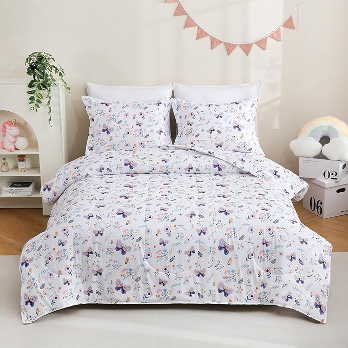 Yibeizi Floral Comforter Set for Girls Full Size, Kids Butterfly Printed Bedding Set with Pillow Sham, Cute Lightweight Soft Breathable Machine Washable Quilted Bed Comforter Set 3 Piece