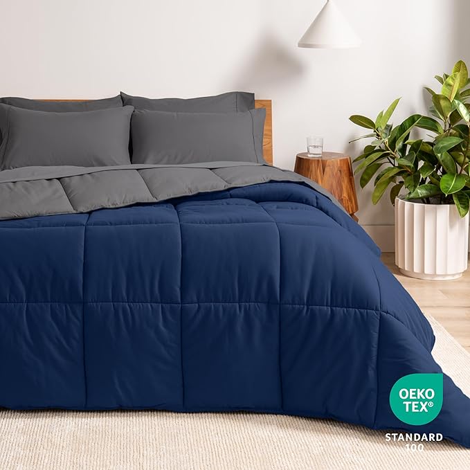 Bare Home Reversible Bed-in-A-Bag Comforter & Sheet Set - Full - Down Alternative - Soft - Bedding Set (Full, Dark Blue/Grey, Grey)