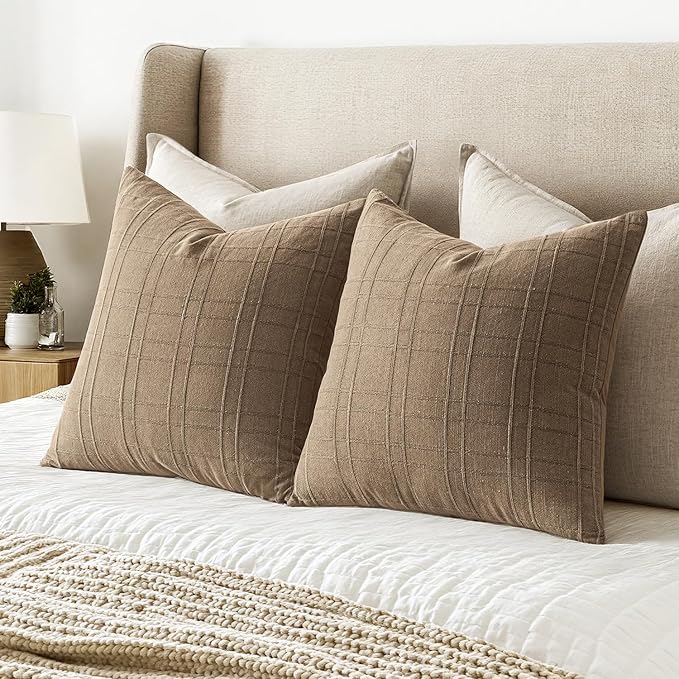 MIULEE Decorative Linen Check Euro Shams Throw Pillow Covers Neutral Farmhouse Vintage Pillow Covers 28x28 Set of 2 Boho Modern Winter Home Decor for Sofa Couch Bedroom Cushion Light Brown