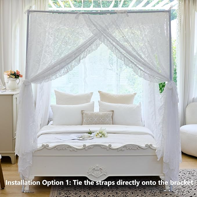 AIKASY Elegant Lace Princess 4-Poster Bed Canopy Mosquito Net - Romantic Wedding Bridal Bedroom Decor, Kids Room Bed Curtain for Women Adults - (White-3,King)
