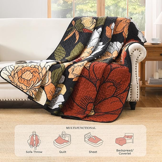 Andency Floral Boho California King Quilt Bedding Set Black, 3 Pieces Farmhouse Flower Botanical Summer Oversized King Bedspreads, Soft Reversible Lightweight Microfiber Coverlet Set, 104"x112"