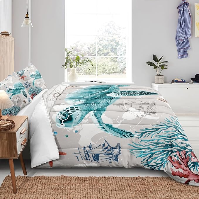 Bedbay Nautical Bedding Set Turtle Comforter Set King Size Beach Comforter Set Soft Microfiber Sea Life Ocean Bedding Quilt Set Coastal Bedding Boys Girls Beach Theme Bedding Set(Turtle,King)