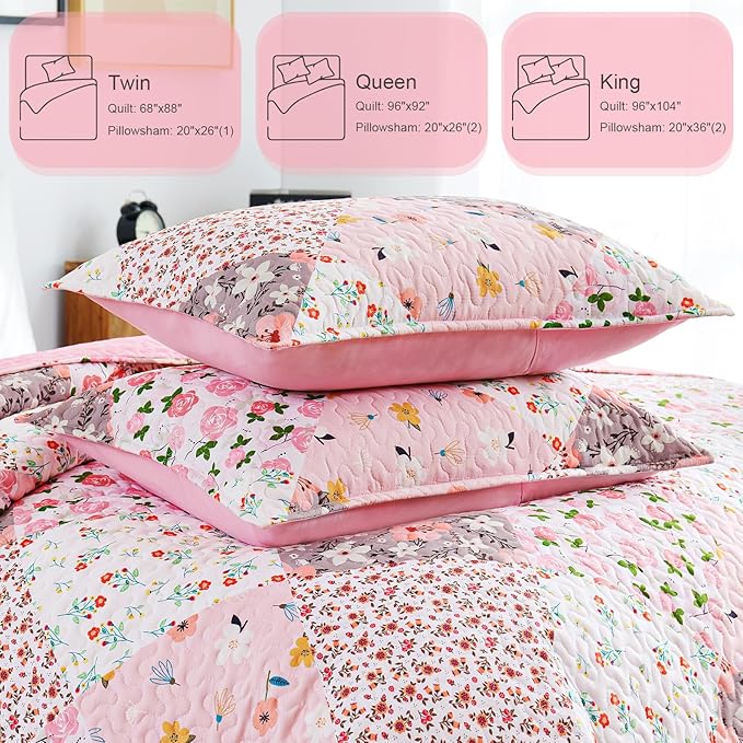 Whale Flotilla Patchwork Quilt Twin Size, Extra Soft Boho Floral Bedspreads for Bed Reversible Lightweight Twin Quilt Bedding Set Printed Coverlets with 1 Pillow Sham for All Seasons, Pink
