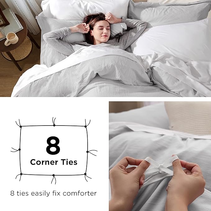 Bedsure Light Grey Duvet Cover Queen Size - 3 Pieces Prewashed Cotton-Like Extra Soft Bedding Set, Includes 1 Duvet Cover 90x90 Inches with Zipper Closure & 2 Pillow Shams, Comforter Not Included