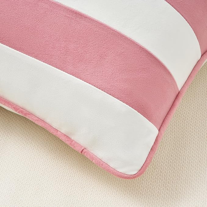 MONDAY MOOSE Decorative Throw Pillow Covers Cushion Cases, Set of 2 Soft Velvet Striped Piping Edge Designs, Pillow Inserts Not Included (16x16 inch, Light Pink/White)