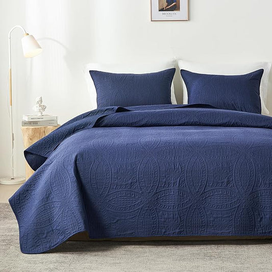akkialla King Quilt Bedding Set,Navy Blue Ultrasonic King/Cal King Quilt Set,Lightweight Soft Bedspread Coverlet,Modern Style Coin Pattern Bed Cover for All Seasons,3 Piece(1 Quilt,2 Pillow Shams)