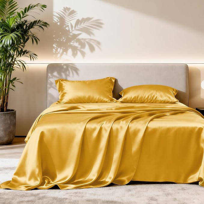 Love's cabin Satin King Sheet Sets - 4 Piece Gold Silky Sheets King Size Bed with Deep Pocket, Luxury Silk Feel King Size Satin Sheet Set (1 Flat Sheet,1 Fitted Sheet,2 Pillow Cases)