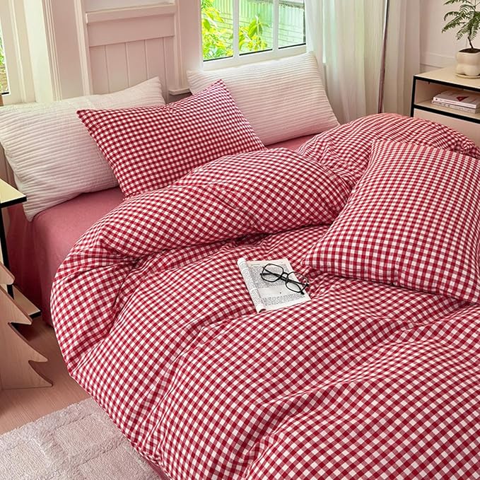 LifeTB Red Gingham Comforter Set Full Modern Style Red Plaid Comforter Set 3 Pieces Soft Fluffy Grid Checkered Pattern Comforter with 2 Pillowcases Vintage Luxury Soft Gingham Bedding Comforter Full