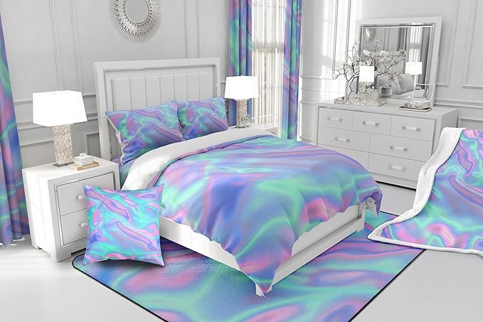 Ombre Tie Dye Bedding Set King, Psychedelic Gradient Comforter, Girls Dreamy Rainbow Bedding, Princess Green Purple Quilted Duvet Bedroom Decor, Girly Colorful Print Bedding Sets & Collections, 3Pcs